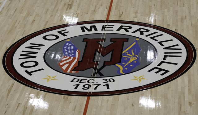 The town&#39;s seal adorns the athletic courts at the newly-constructed Dean &amp; Barbara White Community Center on Broadway in Merrillville.