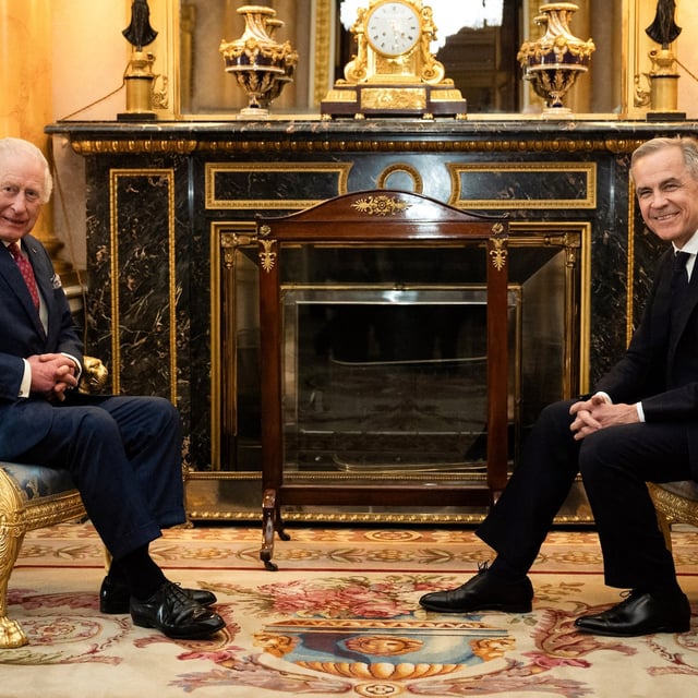 (FILES) Britain's King Charles III (L) holds an audience with Canada's Prime Minister Mark Carney at Buckingham Palace, in central London, on March 17, 2025. King Charles and Queen Camilla will visit Canada from Monday 26th to Tuesday 27th May. (Photo by Aaron Chown / POOL / AFP) (Photo by AARON CHOWN/POOL/AFP via Getty Images)