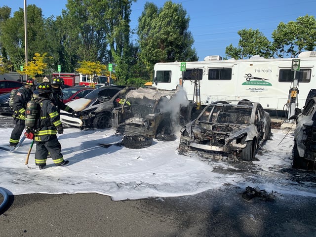 Mountain View firefighters battle a blaze in a parking lot. (May 1, 2025)