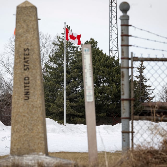 The Canadian flag is flown at a border crossing between Canada and U.S. in Rouses Point, New York, U.S., March 11, 2025.    REUTERS/Brendan McDermid