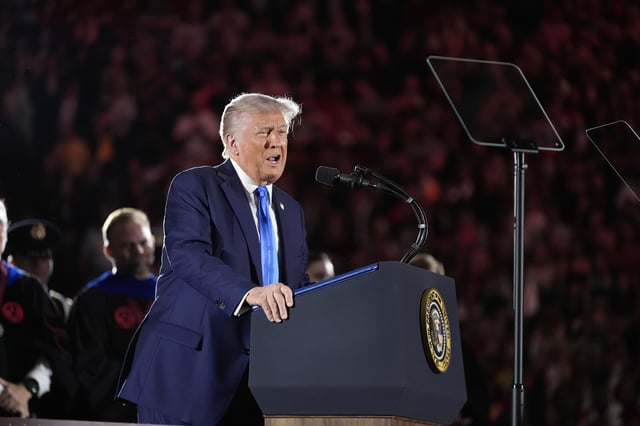 President Donald Trump gives a commencement address at the University of Alabama, Thursday, May 1, 2025, in Tuscaloosa, Ala. (AP Photo/Manuel Balce Ceneta)