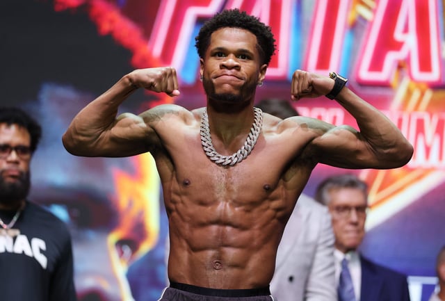 Devin Haney weighs in for his welterweight bout against Jose Ramirez at the Manhattan Center for their fight in Times Square on May 1, 2025 in New York City.