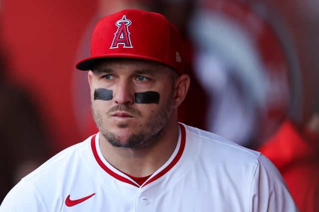 Angels star Mike Trout, shown in an image from earlier this season, said he doesn’t think the bone bruise in his left knee is a big deal and that he thinks there is a good chance he will be back after a short stint on the injured list. (AP Photo/Jessie Alcheh)