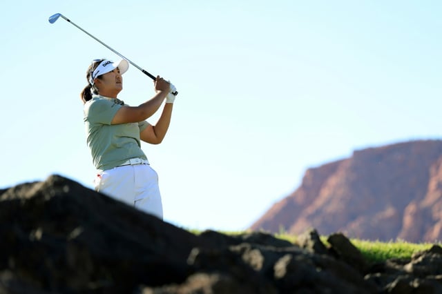 Ryu Hae-ran of South Korea hits a tee shot on the way to the 36-hole lead in the LPGA Black Desert Championship