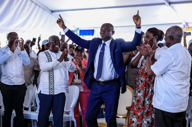President-elect Brice Oligui Nguema (centre) won 94.85 percent of the April 12 vote
