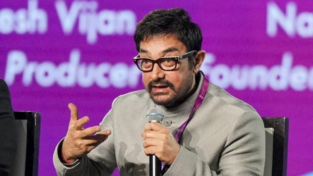 Aamir Khan speaks at a session at the World Audio Visual and Entertainment Summit (WAVES) 2025, in Mumbai, Friday, May 2, 2025. (PTI Photo/Shashank Parade)