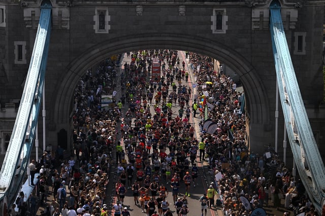 Athletics - London Marathon - London, Britain - April 27, 2025 General view of runners on Tower Bridge during the London Marathon REUTERS/Jaimi Joy/File Photo