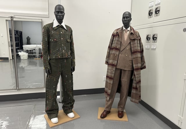 Designs by Jacques Agbobly, left, and Jeffrey Banks, intended for the upcoming Costume Institute exhibit, “Superfine: Tailoring Black Style,&#34; appear in the installation room at the Metropolitan Museum of Art in New York on March 20, 2025.