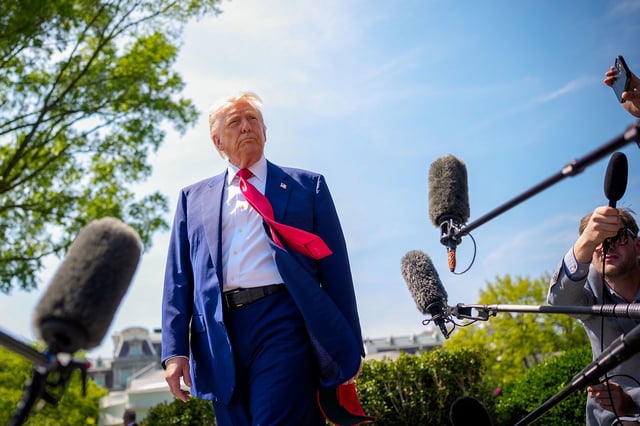 WASHINGTON, DC - APRIL 29: U.S. President Donald Trump takes a question from a reporter before boarding Marine One on the South Lawn of the White House on April 29, 2025 in Washington, DC. Trump will travel to Michigan for a 100th Day in Office rally. (Photo by Andrew Harnik/Getty Images)