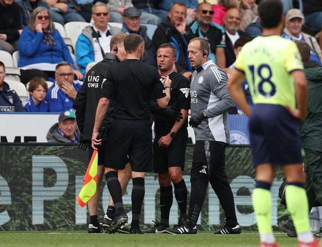 Soccer Football - Premier League - Leicester City v Southampton - King Power Stadium, Leicester, Britain - May 3, 2025 Referee David Webb after he receives medical attention after sustaining an injury REUTERS/Chris Radburn EDITORIAL USE ONLY. NO USE WITH UNAUTHORIZED AUDIO, VIDEO, DATA, FIXTURE LISTS, CLUB/LEAGUE LOGOS OR 'LIVE' SERVICES. ONLINE IN-MATCH USE LIMITED TO 120 IMAGES, NO VIDEO EMULATION. NO USE IN BETTING, GAMES OR SINGLE CLUB/LEAGUE/PLAYER PUBLICATIONS. PLEASE CONTACT YOUR ACCOUNT REPRESENTATIVE FOR FURTHER DETAILS..
