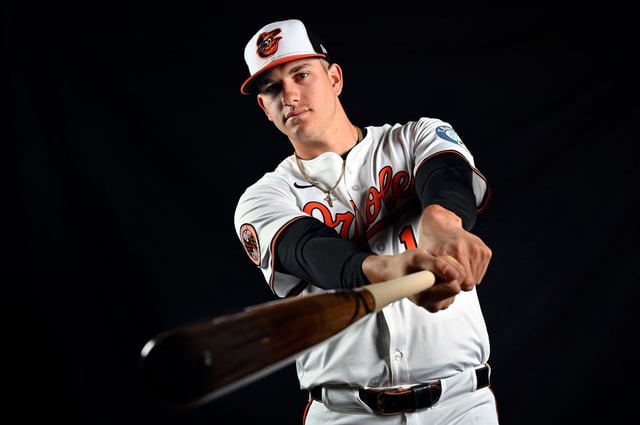 Orioles infielder Coby Mayo at 2025 spring training in Sarasota, Florida, on Wednesday. (Kenneth K. Lam/Staff)