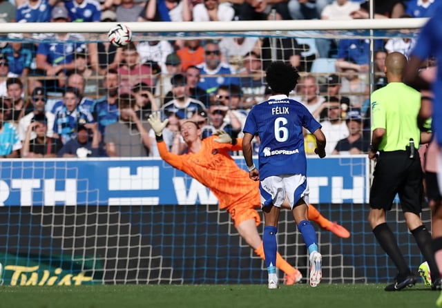 Soccer Football - Ligue 1 - RC Strasbourg v Paris St Germain - Stade de la Meinau, Strasbourg, France - May 3, 2025 RC Strasbourg's Felix Lemarechal scores their second goal REUTERS/Christian Hartmann