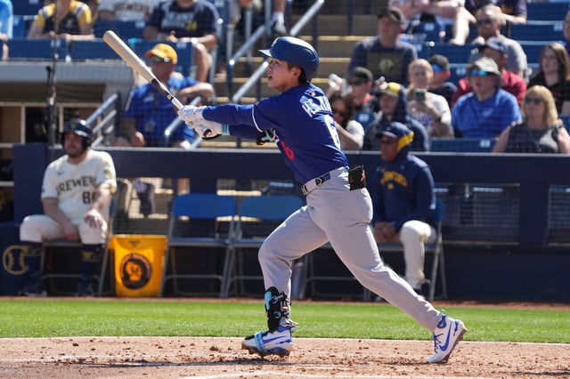 Feb 26, 2025; Phoenix, Arizona, USA; Los Angeles Dodgers second base Hyeseong Kim (6) hits against the Milwaukee Brewers during the third inning at American Family Fields of Phoenix. Mandatory Credit: Rick Scuteri-Imagn Images/File Photo