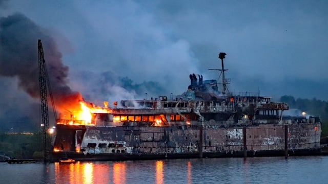 The derelict Queen of Sidney ferry was ablaze early Saturday morning.