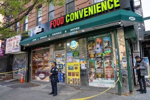 (NYPD Officers were also seen guarding this crime scene one block north at 2657 Frederick Douglass Boulevard) A 33yr old man was pronounced dead at Harlem Hospital after he was stabbed multiple times in the back outside of 2640 Frederick Douglass Boulevard in Manhattan on Saturday May 3, 2025. 0739. (Theodore Parisienne / New York Daily News)