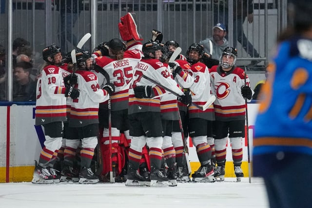 Members of the Ottawa Charge celebrate their win over the Toronto Sceptres during overtime PWHL hockey action in Toronto on Saturday, May 3, 2025. THE CANADIAN PRESS/Arlyn McAdorey