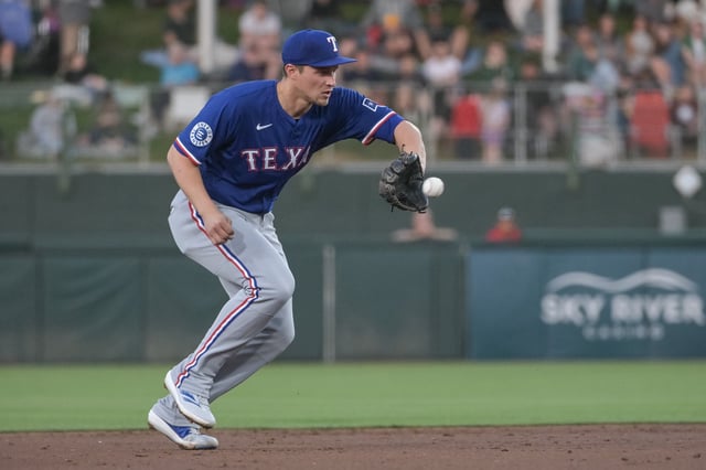 Apr 22, 2025; West Sacramento, California, USA; Texas Rangers shortstop Corey Seager (5) fields the ball during the second inning of the game against the Athletics at Sutter Health Park. Mandatory Credit: Ed Szczepanski-Imagn Images/File Photo