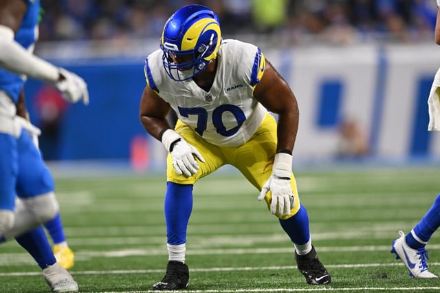 Los Angeles Rams offensive tackle Joe Noteboom (70) waits for the snap during the first half of an NFL football game against the Detroit Lions, Sunday, Sept. 8, 2024, in Detroit. The Lions won 26-20. (AP Photo/David Dermer)