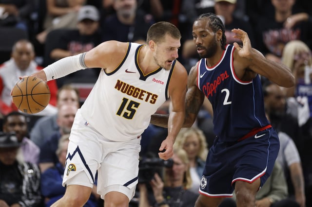 Kawhi Leonard #2 of the LA Clippers defends against Nikola Jokic #15 of the Denver Nuggets during the second quarter in Game Six of the Western Conference First Round NBA Playoffs at Intuit Dome on May 01, 2025 in Inglewood, California.