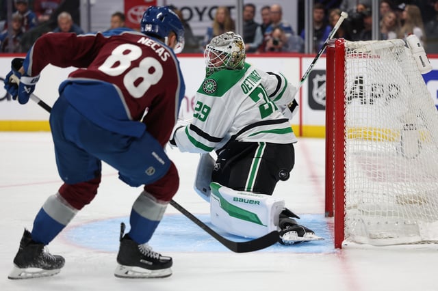 Martin Necas #88 of the Colorado Avalanche scores against Jake Oettinger #29 of the Dallas Stars during the second period in Game Six of the First Round of the 2025 Stanley Cup Playoffs at Ball Arena on May 01, 2025 in Denver, Colorado.