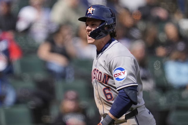 Houston Astros&#39; Jake Meyers (6) celebrates after hitting a 3-run home run during the sixth inning of a baseball game against the Chicago White Sox, Saturday, May 3, 2025, in Chicago.