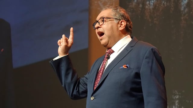 Alberta NDP Leader Naheed Nenshi addresses delegates at the party's convention in Edmonton Saturday. 