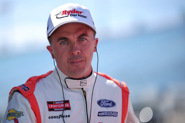 Frankie Muniz , driver of the #33 Ryder Ford, looks on during practice for the NASCAR Craftsman Truck Series Baptist Health 200 at Homestead-Miami Speedway on March 21, 2025 in Homestead, Florida.