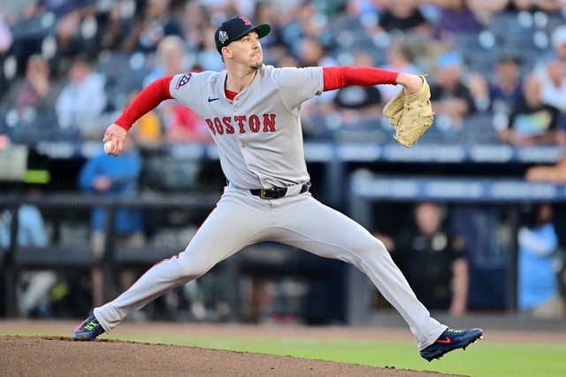 TAMPA, FLORIDA - APRIL 15: Walker Buehler #0 of the Boston Red Sox delivers a pitch in the first inning against the Tampa Bay Rays at George M. Steinbrenner Field on April 15, 2025 in Tampa, Florida. All players are wearing the number 42 in honor of Jackie Robinson Day.