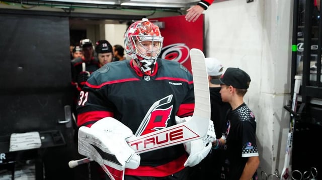 Apr 22, 2025; Raleigh, North Carolina, USA; Carolina Hurricanes goaltender Frederik Andersen (31) comes out of the locker room for the warmups before the game against the New Jersey Devils in game two of the first round of the 2025 Stanley Cup Playoffs at Lenovo Center. Mandatory Credit: James Guillory-Imagn Images