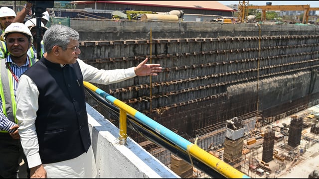 Railway Minister Ashwini Vaishnaw reviewed the progress of the under-construction underground bullet train station at the Bandra Kurla Complex (BKC) in Mumbai on Saturday. (Hindustan Times)