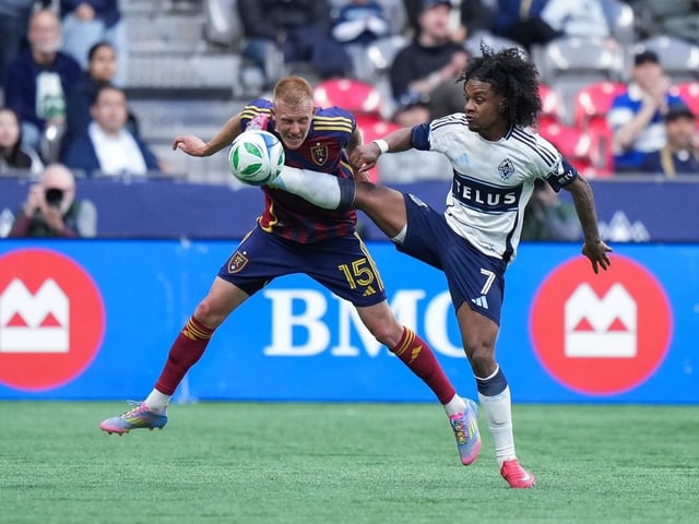  Vancouver Whitecaps’ Jayden Nelson (7) and Real Salt Lake’s Justen Glad (15) vie for the ball during the first half of an MLS soccer match, in Vancouver, on Saturday, May 3, 2025.