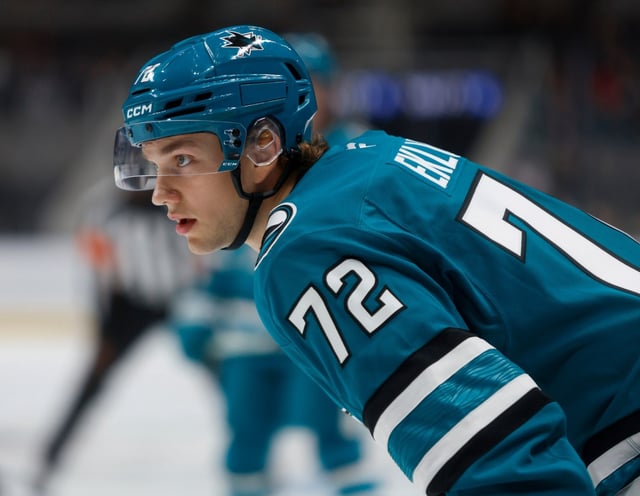San Jose Sharks’ William Eklund (72) waits for a face-off against the Vegas Golden Knights in the first period of their preseason game at the SAP Center in San Jose, Calif., on Sunday, Sept. 22, 2024. (Nhat V. Meyer/Bay Area News Group)