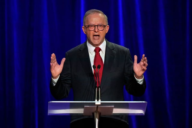 Australian Prime Minister Anthony Albanese speaks after winning a second term as Prime Minister in Sydney, on Saturday, May 3, 2025.