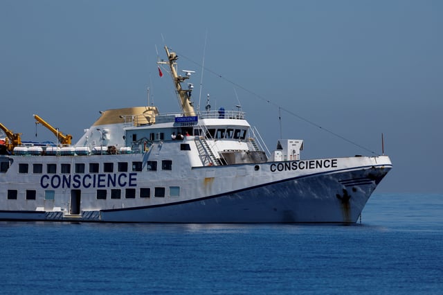 The damaged Gaza Freedom Flotilla vessel "Conscience" is anchored at sea outside Maltese territorial waters, after it was bombed by drones while carrying humanitarian aid to Gaza, May 3, 2025. REUTERS/Darrin Zammit Lupi