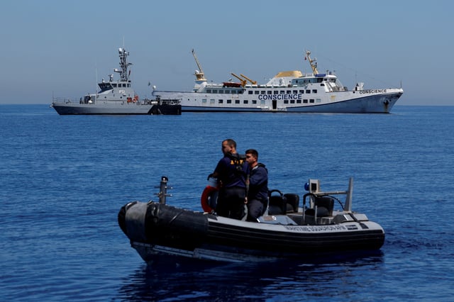 The damaged Gaza Freedom Flotilla ship "Conscience" is anchored at sea outside Maltese territorial waters, after the NGO said the vessel was bombed by drones while carrying humanitarian aid to Gaza, May 3, 2025. REUTERS/Darrin Zammit Lupi/File Photo