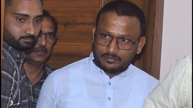 Rajasthan MLA Jaikrishn Patel after being arrested by the state’s Anti-Corruption Bureau (ACB) from his official residence in Jaipur. 