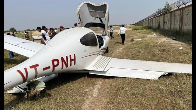 The damaged training aircraft at Dhanipur airstrip in Aligarh on Sunday. (Sourced)