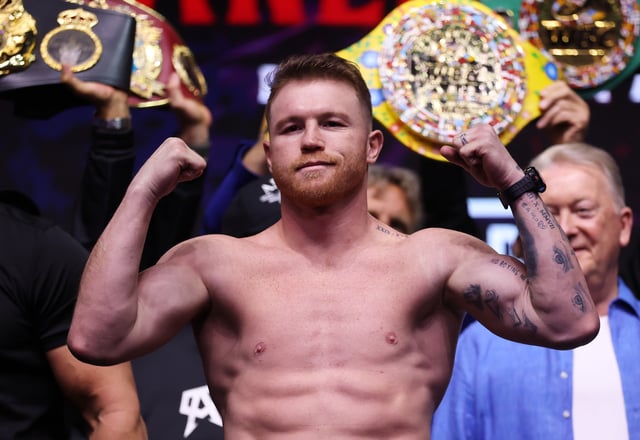 RIYADH, SAUDI ARABIA – MAY 02: Canelo Alvarez poses for a photo following the face off during the weigh in ahead of his IBF, WBC and WBO World Super Middleweight titles fight against William Scull as part of the Fatal Fury City of Wolves card at Boulevard City Studio on May 02, 2025 in Riyadh, Saudi Arabia.  (Photo by Richard Pelham/Getty Images)