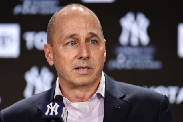 BRONX, NEW YORK - DECEMBER 21: New York Yankee general manager Brian Cashman speaks to the media during a press conference at Yankee Stadium on December 21, 2022 in Bronx, New York. (Photo by Dustin Satloff/Getty Images)