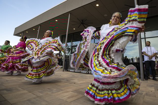 Folklorico dancers from the group Viva Mexico perform their routine during a Cinco de Mayo celebration and mixer hosted by the Odessa Hispanic Chamber of Commerce at the Odessa Marriott Hotel and Convention Center, Wednesday, May 5, 2021, in Odessa, Texas.