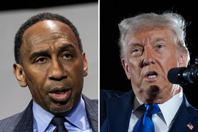 (L): Stephen A. Smith speaking at NAB Welcome Session at the Convention Center West Hall in Las Vegas, Nevada, on April 7, 2025. (R): President Donald Trump gives a commencement address at the University of Alabama, Thursday, May 1, 2025, in Tuscaloosa, Alabama.