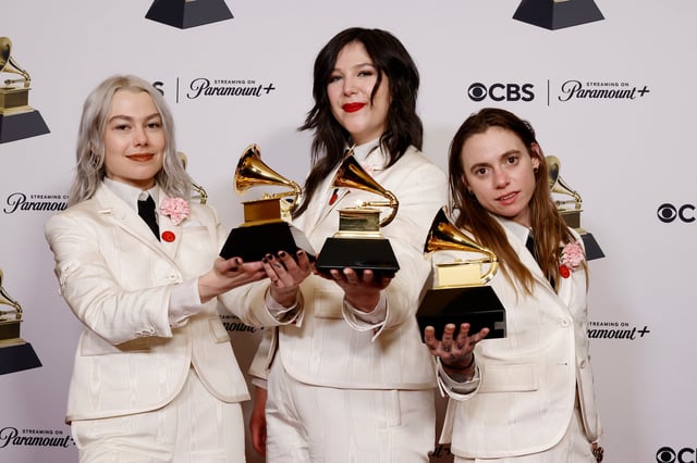 From left, Phoebe Bridgers, Lucy Dacus, and Julien Baker attend the Grammys on Feb, 4, 2024.