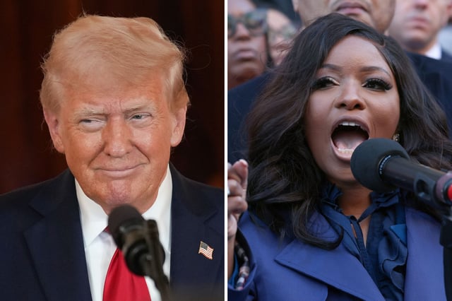 U.S. President Donald Trump speaks during an event at the White House on April 30, 2025 in Washington, DC. Democratic Congresswoman Jasmine Crockett speaks during a rally on February 04, 2025 in Washington, DC.