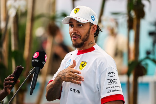 Lewis Hamilton of Great Britain and Ferrari speaks in the media pen during the Sprint/qualifying ahead of the F1 Grand Prix of Miami at Miami International Autodrome on May 3, 2025 in Miami, Florida.