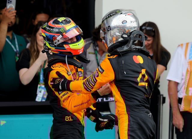 Formula One F1 - Miami Grand Prix - Miami International Autodrome, Miami, Florida, United States - May 4, 2025 McLaren's Oscar Piastri celebrates with McLaren's Lando Norris after winning the Miami Grand Prix REUTERS/Brian Snyder