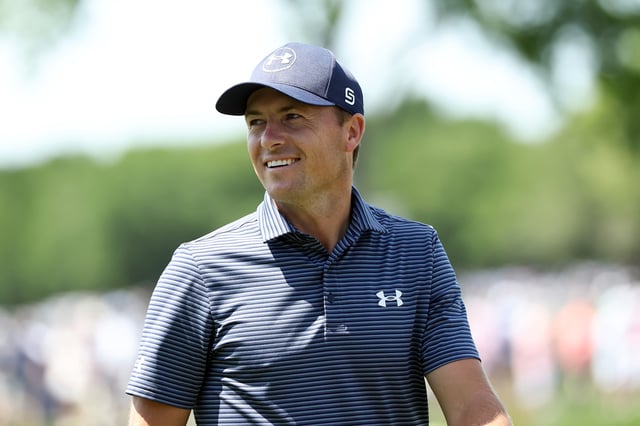 MCKINNEY, TEXAS - MAY 04: Jordan Spieth of the United States reacts after a birdie on the 18th green during the final round of THE CJ CUP Byron Nelson 2025 at TPC Craig Ranch on May 04, 2025 in McKinney, Texas.