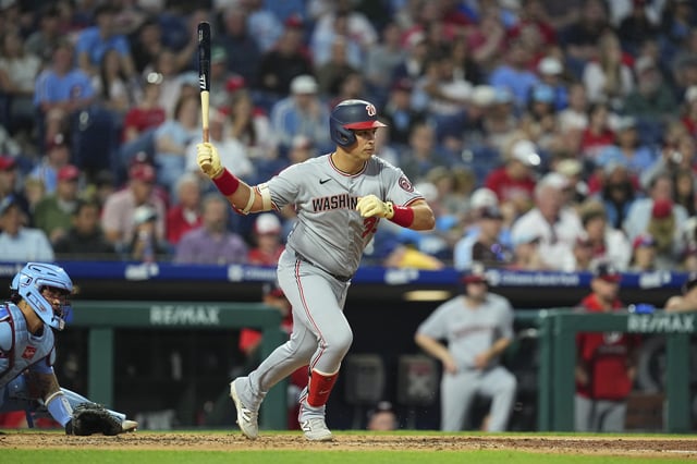 PHILADELPHIA, PENNSYLVANIA - MAY 1: Nathaniel Lowe #33 of the Washington Nationals bats against the Philadelphia Phillies at Citizens Bank Park on May 1, 2025 in Philadelphia, Pennsylvania. The Nationals defeated the Phillies 4-2.