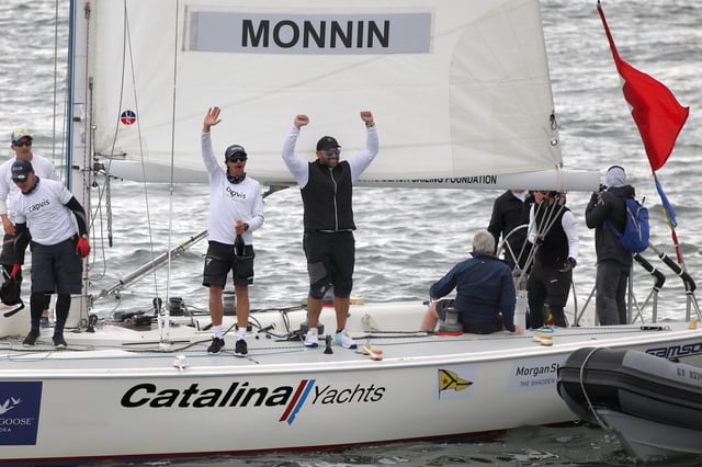 A Swiss team led by Eric Monnin celebrates after winning the 60th Congressional Cup on Sunday, May 4, 2025, defeating two-time defending champion Chris Poole’s American team 3-2, off the Belmont Veterans Memorial Pier in Long Beach. (Photo by Howard Freshman, Contributing Photographer)