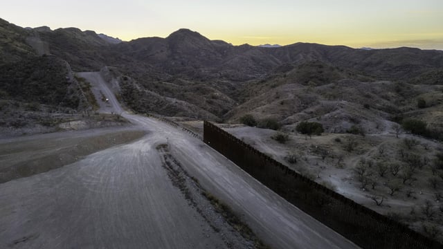 From an aerial view, the U.S.-Mexico border fence near Sasabe, Ariz., on Jan. 20, 2025.