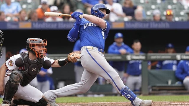 May 4, 2025; Baltimore, Maryland, USA; Kansas City Royals first baseman Vinnie Pasquantino (9) hits a home run against the Baltimore Orioles during the seventh inning at Oriole Park at Camden Yards. Mandatory Credit: Gregory Fisher-Imagn Images